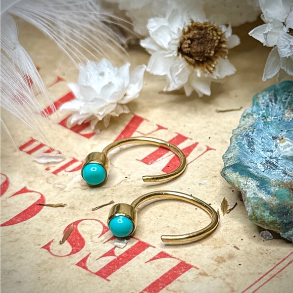 18k Gold Plated Sterling Silver Dry Creek Turquoise Huggie Hoop No Back Earrings - Picture 3 of 11